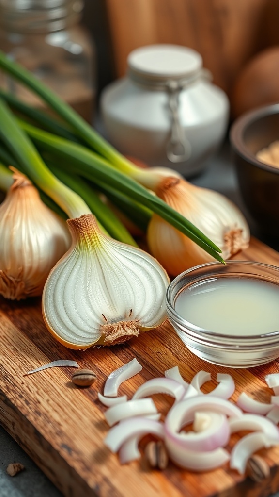Onion Hair Growth Treatment Fresh onions and a bowl of onion juice on a wooden cutting board.
